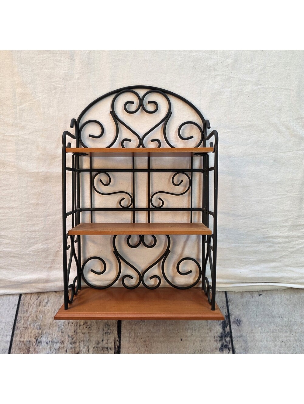 Wall Or Countertop Curio Shelf Wood & Wrought Iron Scroll Heart 3 Shelf 9X14”